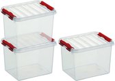 3x Sunware Q-Line opberg boxen/opbergdozen 3 liter 20 x 15 x 14 cm kunststof - Opslagbox - Opbergbak transparant/rood kunststof