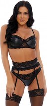 More than Lace Faux Leather Lingerie Set - Zwart