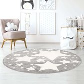 Rond vloerkleed kinderkamer Sterren 3D - grijs/crème 150 cm rond