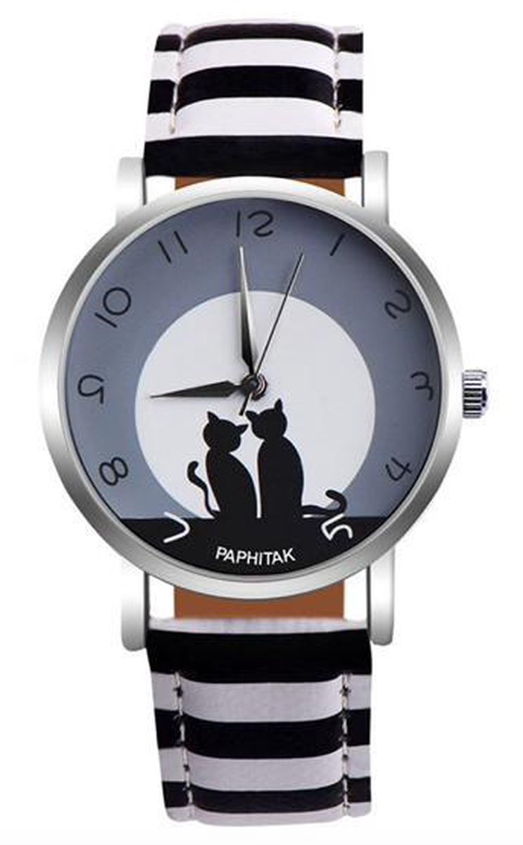 Hidzo Horloge Paphitak Katten - Ø 37 mm - Zwart-Wit Strepen - Kunstleer - In Horlogedoosje