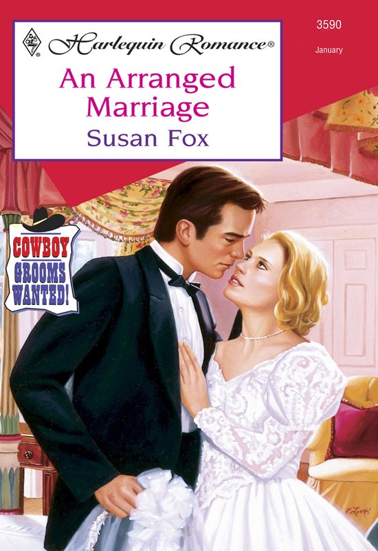 Een man in smoking en een vrouw in trouwjurk kijken elkaar diep in de ogen. 'An Arranged Marriage' door Susan Fox.