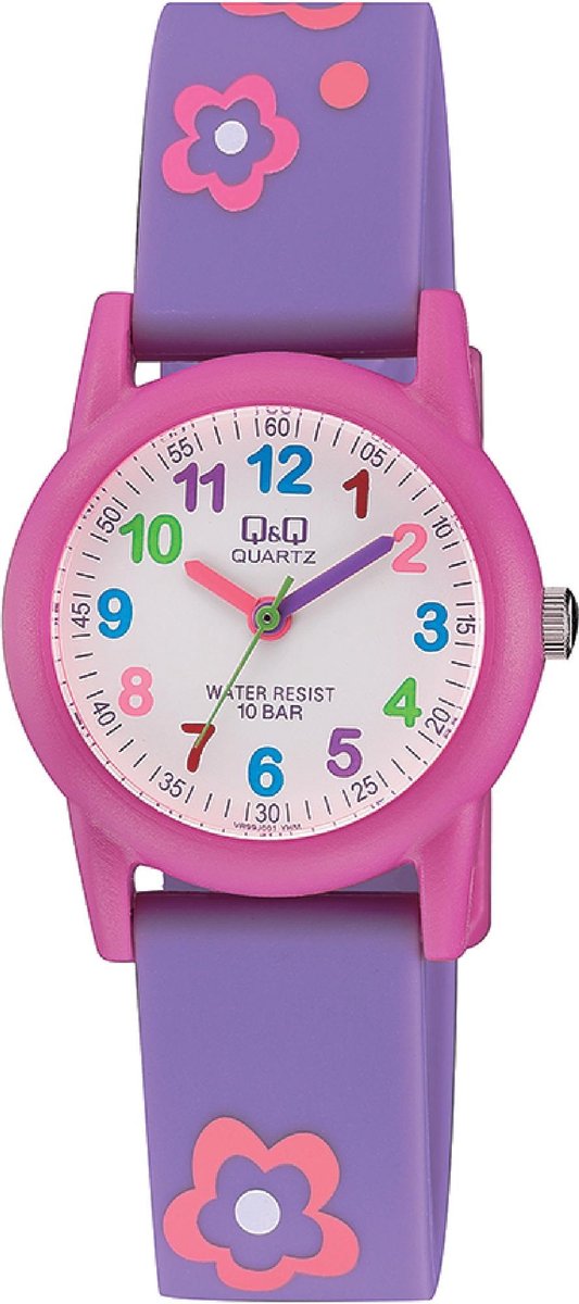QQ VR99J001Y - Horloge - Sport - Analoog - Kinderen - Unisex - Plastic band - Rond - Kunststof - Cijfers - Bloemen - Paars - Roze - Wit - Multi - 10 ATM
