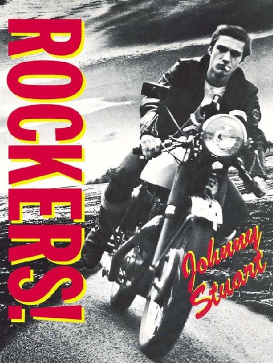 Jonge man op een motor, tekst 'ROCKERS!' in rood en geel.