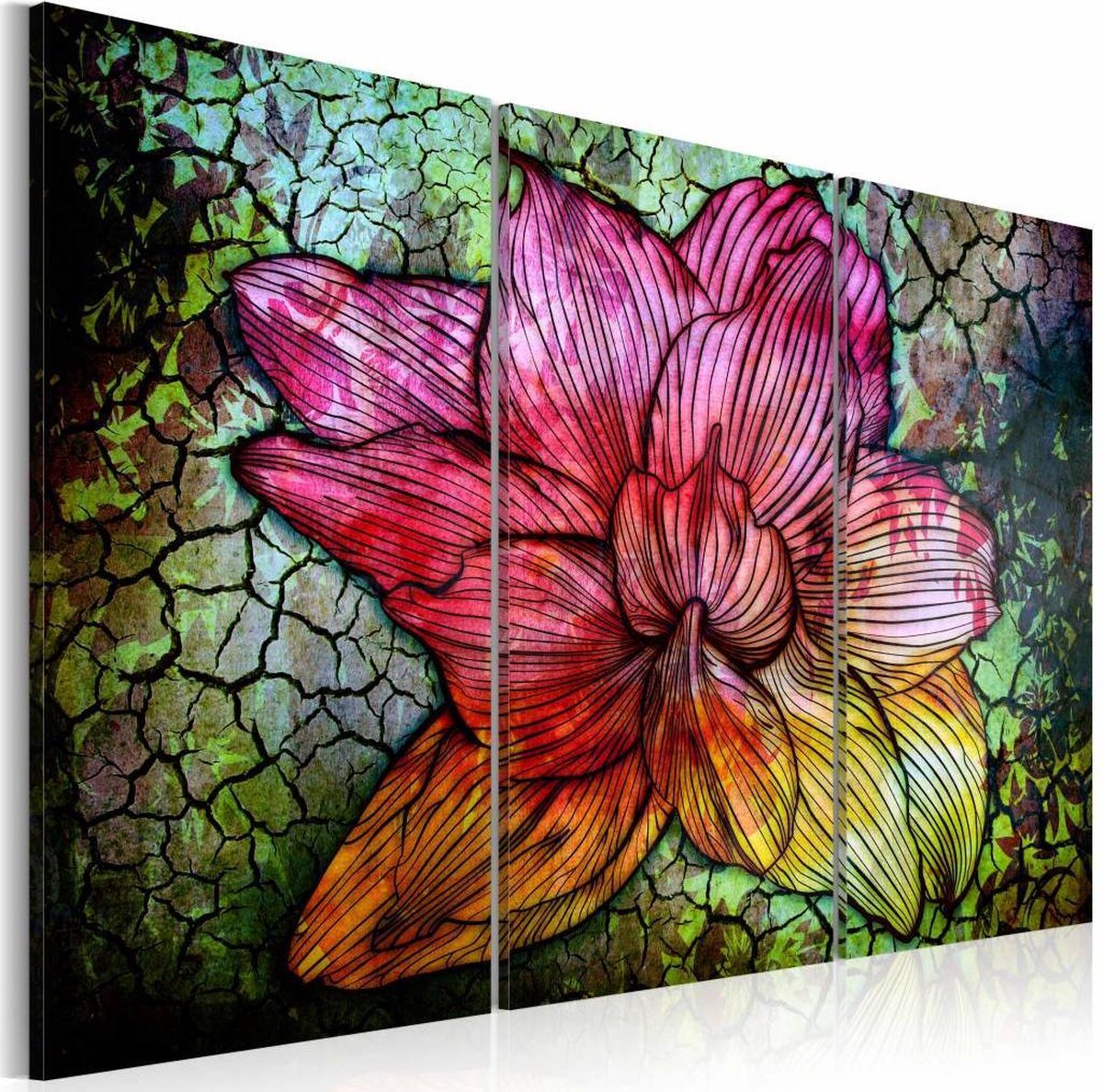 Schilderij - Glas in lood look , bloem , roze groen , 3 luik | bol.com
