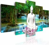 Schilderij - Zen Waterval , boeddha , blauw groen , 5 luik