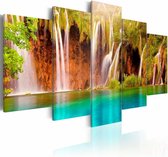 Schilderij - Prachtige Waterval, Groen/Blauw/Bruin, 5luik , premium print op canvas