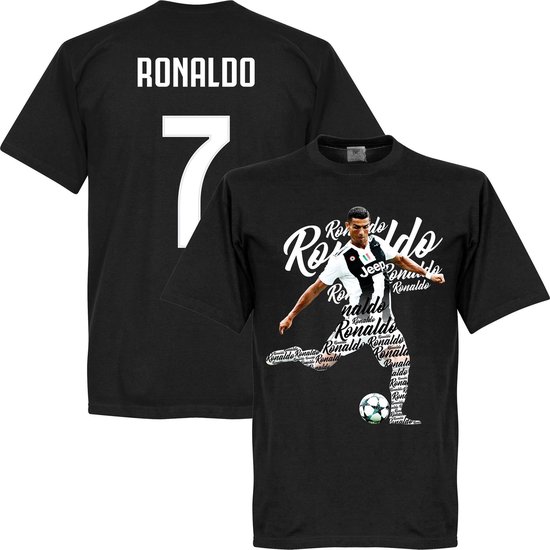 Zwart shirt met op de voorkant een afbeelding van Ronaldo die een bal schiet, omringd door tekst. Op de rug staat 'RONALDO 7'.
