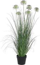 Groene/paarse Allium/sierui kunstplant 90 cm in zwarte kunststof pot - Kunstplanten/nepplanten - Grasplanten