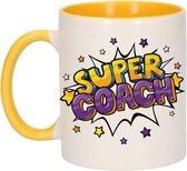 Super coach cadeau koffiemok / theebeker wit en geel met sterren - 300 ml - keramiek - cadeau / bedankje coach