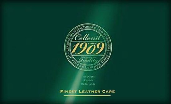 Donkergroene achtergrond met het Collonil 1909 logo en "Finest Leather Care".
