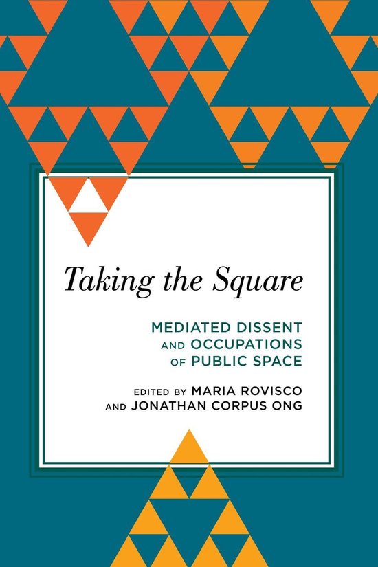 Boekomslag: blauwe achtergrond met oranje driehoekpatroon en centrale witte tekst: Taking the Square.
