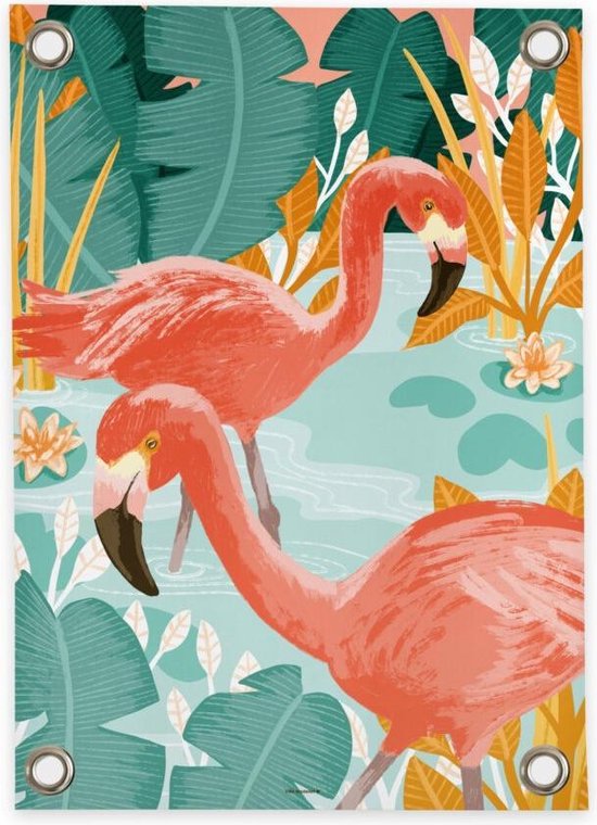 Villa Madelief Tuinposter Flamingo- 70x100cm - Vinyl - Tuindecoratie - Tuinschilderij - Schuttingposter - Tuindoek - Buitenposter voor in de tuin - Waterafstotend - Organische Collectie