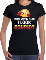 Funny emoticon t-shirt What do you mean i look stupid zwart voor L