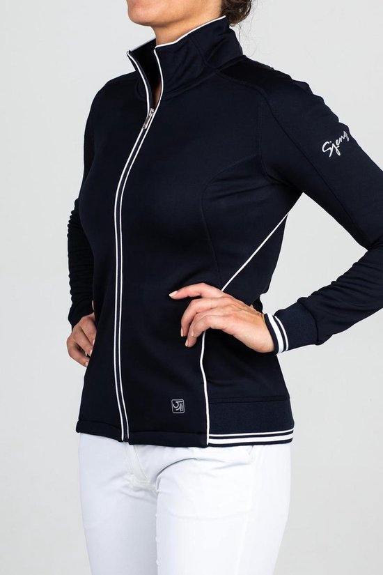 Donkerblauw dames trainingsjack met witte biezen, logo en gestreepte boord.