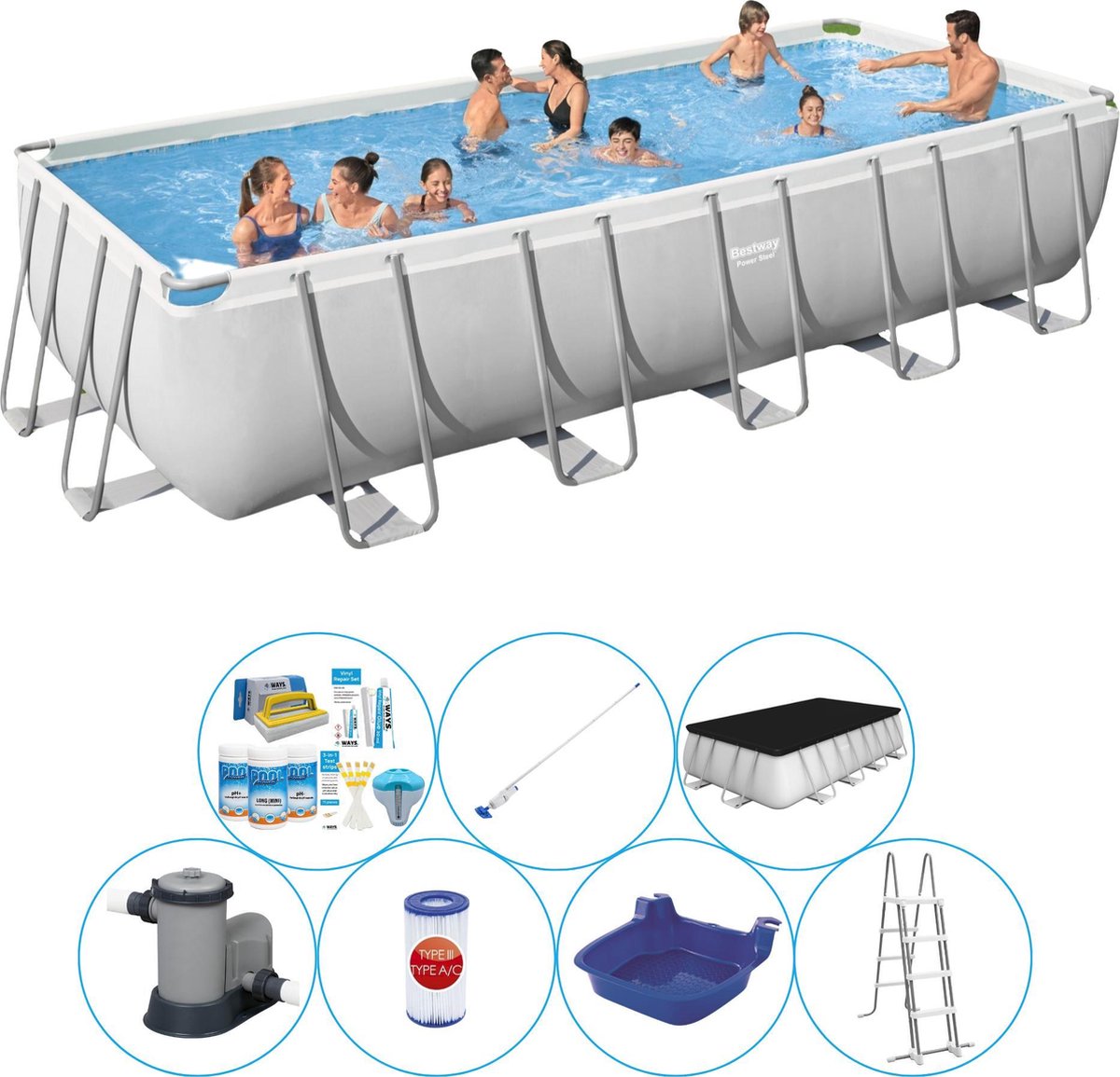 Power Steel Rechthoek 640x274x132 cm - Zwembad Combi Deal