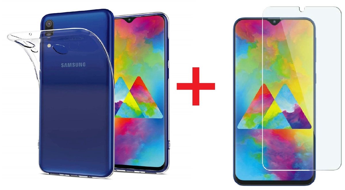 Samsung Galaxy M20 Anti Shock Hoesje Transparant + Glazen screenprotector - van Bixb