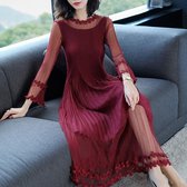 Temperament Lace geborduurde jurk met lange mouwen (kleur: wijnrood Maat: One size)-Rood