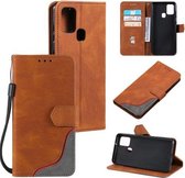 Voor Samsung Galaxy A21s Driekleurige Stiksels Kalf Textuur Horizontale Flip Lederen Case met Houder & Kaartsleuven & Portemonnee (Bruin)