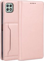 Voor Samsung Galaxy A22 5G Sterk Magnetisme Vloeibaar Gevoel Horizontale Flip Lederen Case met Houder & Kaartsleuven & Portemonnee (Rose Goud)