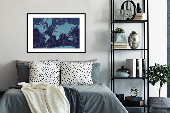 Affiche avec cadre Wereldkaart - Abstrait - Blauw - 90x60 cm