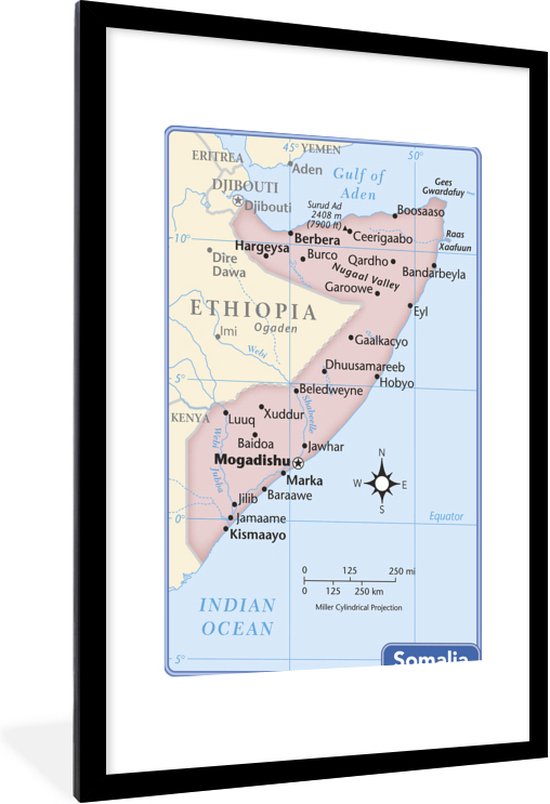 Fotolijst incl. Poster - Een illustratie van een kaart van Somalië met een blauwe rand - 60x90 cm - Posterlijst