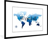 Fotolijst incl. Poster - Wereldkaart - Blauw - Kompas - 120x80 cm - Posterlijst