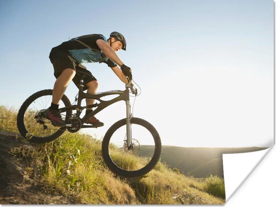L'homme descend sur un poster VTT 160x120 cm - Tirage photo sur Poster (décoration murale salon / chambre) / Affiche Sport XXL / Groot format!