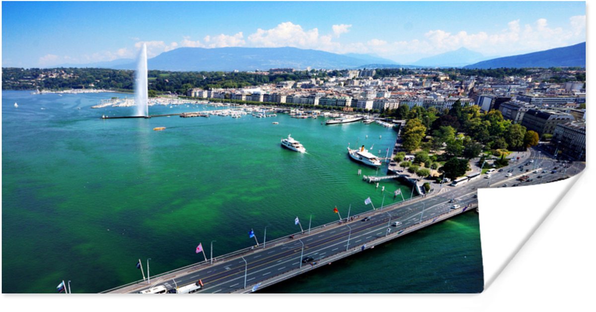 Poster Prachtige luchtfoto van Meer van Genève en de fontein - 160x80 cm