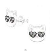 Oorbellen meisje zilver | Zilveren oorstekers, kat met hartjeszonnebril