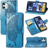 Voor iPhone 12 Pro Max Butterfly Love Flower reliëf horizontale flip lederen tas met beugel / kaartsleuf / portemonnee / lanyard (blauw)