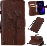 Tree & Cat Pattern Pressed Printing Horizontale Flip PU lederen tas met houder & kaartsleuven & portemonnee & lanyard voor iPhone 11 (bruin)