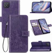 Voor OPPO A92S vierbladige gesp reliëf gesp mobiele telefoon bescherming lederen tas met lanyard & kaartsleuf & portemonnee & houder (paars)