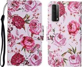 Voor Huawei P Smart 2021 / Y7a Gekleurde Tekening Patroon Horizontale Flip Leren Case met Houder & Kaartsleuven & Portemonnee (Pioen)