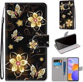 Voor Huawei Y9a Gekleurde Tekening Cross Textuur Horizontale Flip PU Lederen Case met Houder & Kaartsleuven & Portemonnee & Lanyard (Goud Diamant Vlinder)