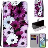 Voor Motorola Moto G 5G Gekleurde tekening Cross Texture Horizontale Flip PU lederen tas met houder & kaartsleuven & portemonnee & lanyard (Chrysanthemum Pink White Purple)