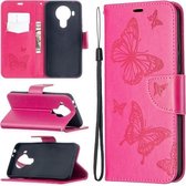 Voor Nokia 5.4 Two Butterflies Embossing Pattern Horizontale Flip Leather Case met houder & kaartsleuf & portemonnee & Lanyard (Rose Red)