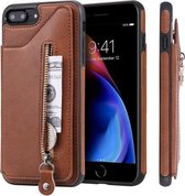 Voor iPhone 8 Plus / 7 Plus effen kleur dubbele gesp ritssluiting schokbestendige beschermhoes (bruin)