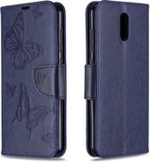 Voor Nokia 2.3 Twee vlinders reliëfpatroon Horizontale flip lederen tas met houder & kaartsleuf & portemonnee & lanyard (donkerblauw)