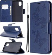 Voor Samsung Galaxy A31 Twee Vlinders Embossing Patroon Horizontale Flip Leren Case met Houder & Kaartsleuf & Portemonnee & Lanyard (Donkerblauw)