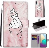 Voor Samsung Galaxy A02 / M02 Gekleurde Tekening Cross Textuur Horizontale Flip PU Lederen Case met Houder & Kaartsleuven & Portemonnee & Lanyard (Roze Handen Hart)