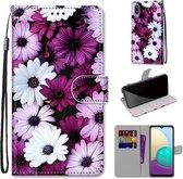 Voor Samsung Galaxy A02 / M02 Gekleurde tekening Cross Texture Horizontale Flip PU lederen tas met houder & kaartsleuven & portemonnee & lanyard (Chrysanthemum Pink White Purple)