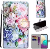 Voor Samsung Galaxy A02 / M02 Gekleurde Tekening Cross Textuur Horizontale Flip PU Lederen Case met Houder & Kaartsleuven & Portemonnee & Lanyard (Lichtroze Boeket)