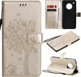 Voor Huawei Y9a Boom & Kat Patroon Geperst Afdrukken Horizontale Flip PU Lederen Case met Houder & Kaartsleuven & Portemonnee & Lanyard (Goud)