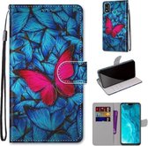 Voor Huawei Honor 9X Lite Gekleurde Tekening Cross Textuur Horizontale Flip PU Lederen Case met Houder & Kaartsleuven & Portemonnee & Lanyard (Blauw Rood Vlinder)