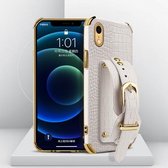 Gegalvaniseerde TPU-lederen tas met krokodillenpatroon met polsband voor iPhone XR (wit)