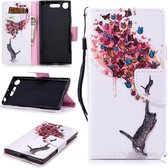 Voor Sony Xperia XZ1 Gekleurd tekeningpatroon Horizontaal Flip TPU + PU lederen hoesje met houder & kaartsleuven & portemonnee & lanyard (kat en vlinders)