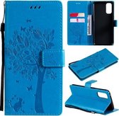 Voor OPPO Reno4 Boom & Kat Patroon Geperst Afdrukken Horizontale Flip PU Lederen Case met Houder & Kaartsleuven & Portemonnee & Lanyard (Blauw)