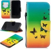 Voor iPhone XR Gekleurd tekeningpatroon Horizontaal Flip TPU + PU lederen hoes met houder & kaartsleuven & portemonnee & lanyard (regenboogvlinders)