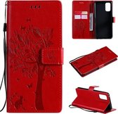 Voor OPPO Realme 7 Pro Tree & Cat Pattern Pressed Printing Horizontale Flip PU lederen tas met houder & kaartsleuven & portemonnee & lanyard (rood)