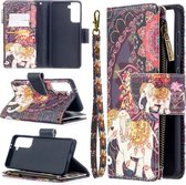 Voor Samsung Galaxy S30 Gekleurde Tekening Patroon Rits Horizontale Flip Leren Case met Houder & Kaartsleuven & Portemonnee (Bloem Olifanten)